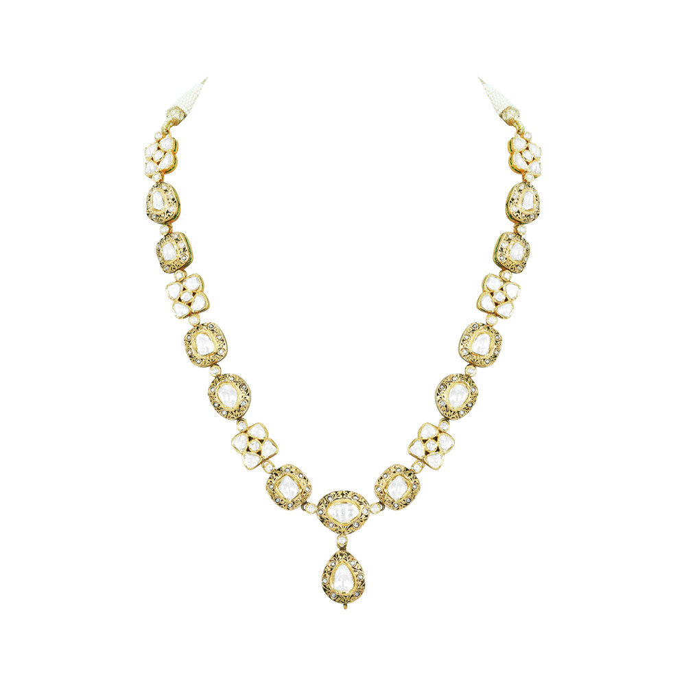 Polki Necklace with Teardrop Pendant in Partash work